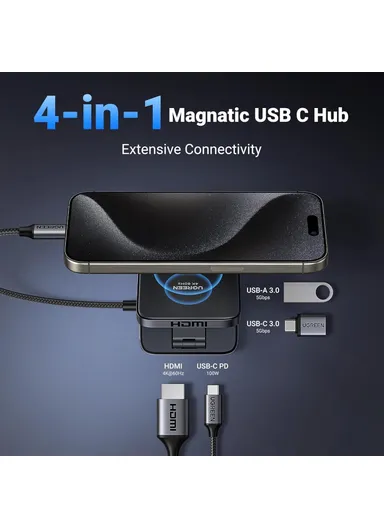 USB C 4-in-1 Foldable Hub 4K 60Hz HDMI PD 100W USB 3.0 Docking Station iPhone 15 / 16 Android Laptops