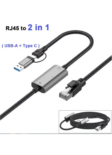 2m USB C, USB to RJ45 Ethernet LAN Cable 2 in 1 Gigabit Ethernet Adapter Cable 