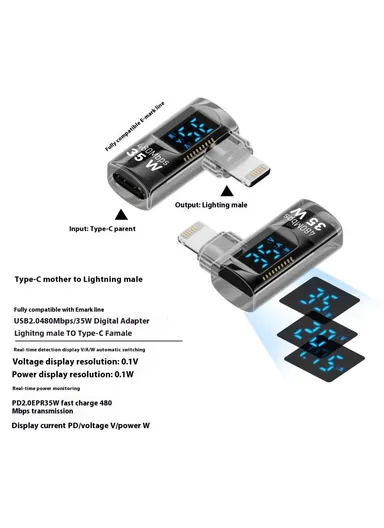 PD 35W USB-C Female to Lightning Male Adapter Digital Display Charging Data Transfer Elbow Adapter - Transparent Black
