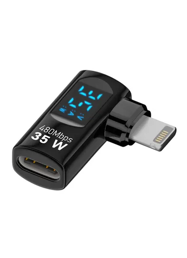 PD 35W USB-C Female to Lightning Male Adapter Digital Display Charging Data Transfer Elbow Adapter - Black