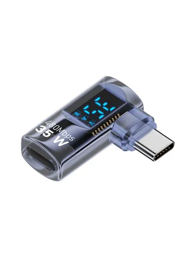 35W iP Female to USB-C Male Adapter Digital Display PD, Fast Charging Data Transfer Elbow Converter - Transparent Blue