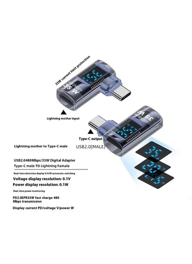 35W iP Female to USB-C Male Adapter Digital Display PD, Fast Charging Data Transfer Elbow Converter - Transparent Blue