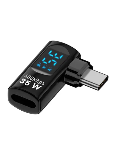 35W iP Female to USB-C Male Adapter Digital Display PD, Fast Charging Data Transfer Elbow Converter - Black