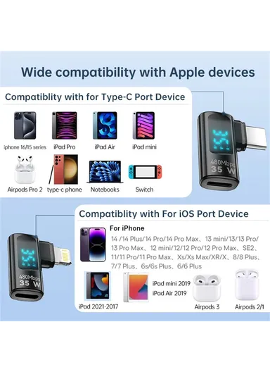 35W iP Female to USB-C Male Adapter Digital Display PD, Fast Charging Data Transfer Elbow Converter - Black