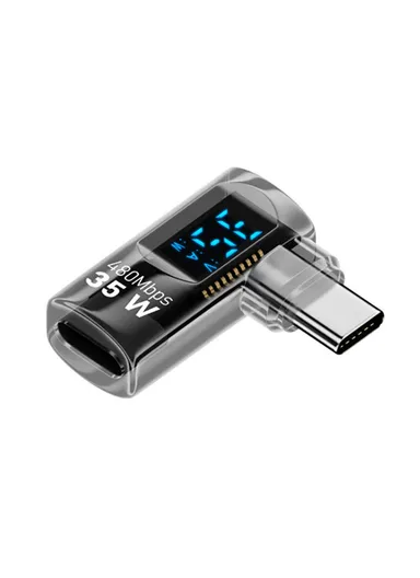 35W iP Female to USB-C Male Adapter Digital Display PD, Fast Charging Data Transfer Elbow Converter - Transparent Black