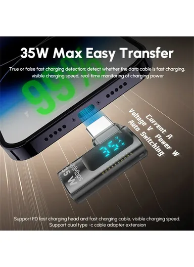 35W iP Female to USB-C Male Adapter Digital Display PD, Fast Charging Data Transfer Elbow Converter - Transparent Black