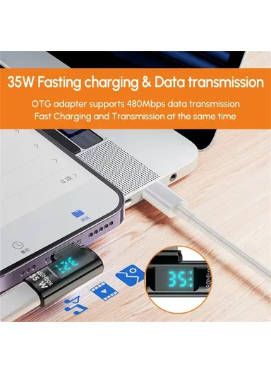 35W iP Female to USB-C Male Adapter Digital Display PD, Fast Charging Data Transfer Elbow Converter - Transparent Black