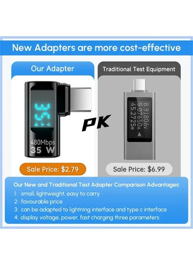 35W iP Female to USB-C Male Adapter Digital Display PD, Fast Charging Data Transfer Elbow Converter - Transparent Black