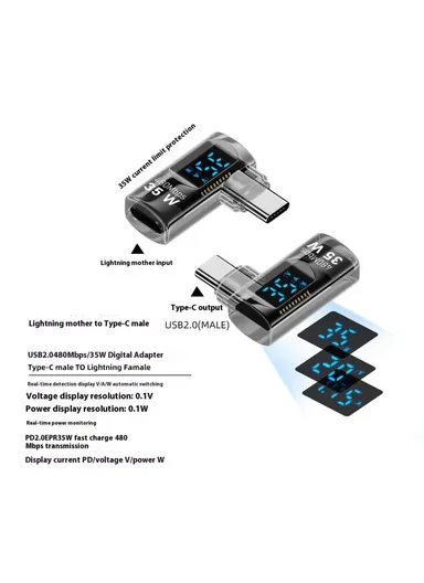 35W iP Female to USB-C Male Adapter Digital Display PD, Fast Charging Data Transfer Elbow Converter - Transparent Black