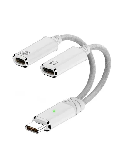 100W  2 in 1 Adapter Cable Type-C to Type-C Headphone Adapter + Type-C PD Charging Cord for iPhone Samsung - White