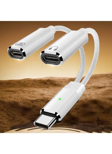 100W  2 in 1 Adapter Cable Type-C to Type-C Headphone Adapter + Type-C PD Charging Cord for iPhone Samsung - White