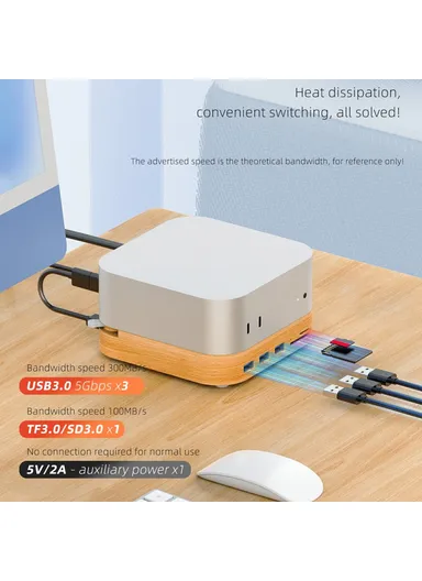 Wooden Expansion Dock USB 3.0 Hub TF / SD Card Reader Anti-Dust Stand AJM4-FH