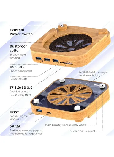 Wooden Expansion Dock USB 3.0 Hub TF / SD Card Reader Anti-Dust Stand AJM4-FH