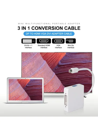 3-in-1 Mini DP DisplayPort to DVI VGA Cable Adapter Cable for MacBook Pro Air Display Port Converter