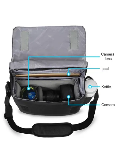 Large Capacity Water-Resistant DSLR Camera Messenger Shoulder Bag for Outdoor Travel, Adjustable Padded Interior, Anti-Theft Flap, Ventilated Shoulder Strap &amp; Tripod Straps