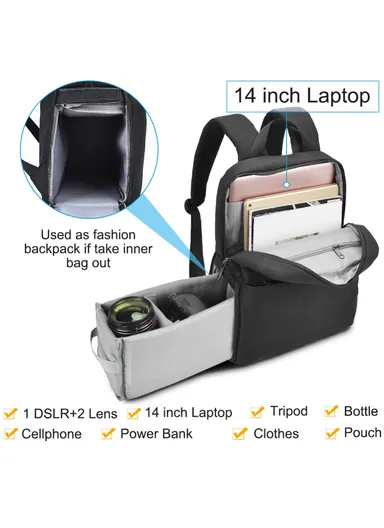 Waterproof SLR/DSLR Camera Backpack Travel Case, Anti-Theft, Shock-Absorbing Leisure Bag for Canon, Nikon, Sony Cameras &amp; Lenses – Black