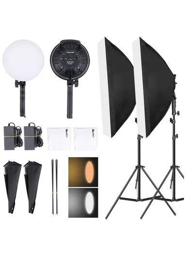 2Pcs - 80W LED Softbox Studio Lighting Kit with 2m Tripod Stands, Remote Controls &amp; Carrying Bag – EU Plug