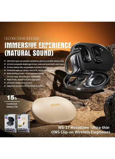 400mAh Wireless Open Ear Headphones, OWS Hanging Earbuds, Multi-Use Long Battery Life Earbuds WS-17 - Black