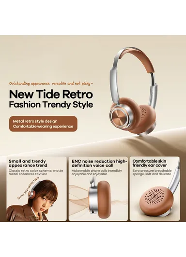 Portable Retro Design Wireless Headphones, Bluetooth-Compatible On-Ear Headset with Noise Cancellation RB-830HB - Gold