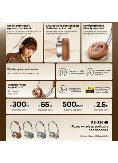 Portable Retro Design Wireless Headphones, Bluetooth-Compatible On-Ear Headset with Noise Cancellation RB-830HB - Gold