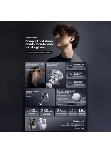 Wireless Earbuds Zinc Alloy, Wireless Stereo Bluetooth-compatible Earphones AlloyBuds M6- Tarnish