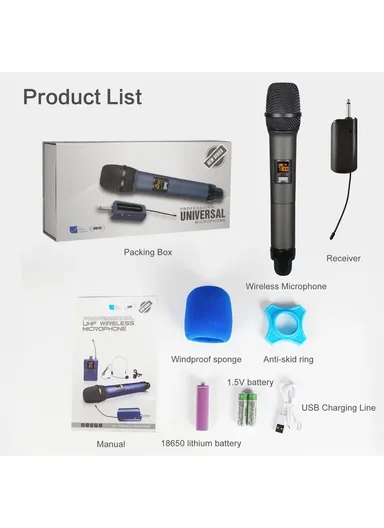 Moving Coil Microphone U-Band FM Wireless Mic with Receiver Home Karaoke Microphone W-14 - Blue