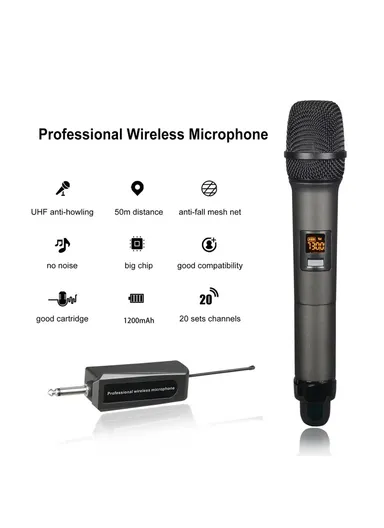 Moving Coil Microphone U-Band FM Wireless Mic with Receiver Home Karaoke Microphone W-14 - Blue