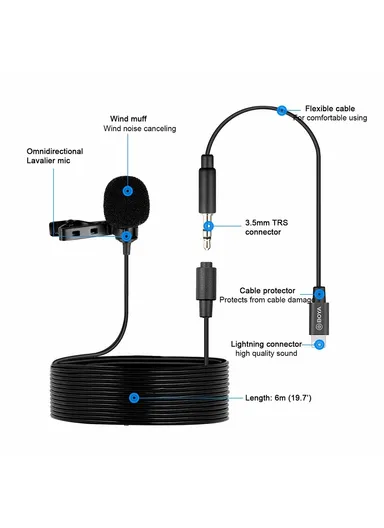 Lavalier Microphone Omnidirectional Condenser Mic with 3.5mm TRS Cable Detachable Single Head for iOS Smartphone BY-M2