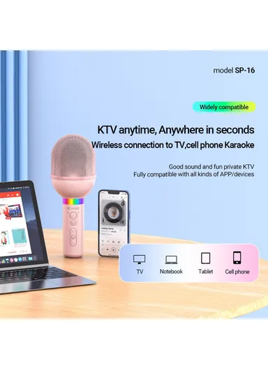 Wireless Karaoke Microphone Speaker Rechargeable Home Party Bluetooth-compatible Handheld Mic SP-16 - Pink