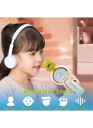 Cute Rabbit Kids Microphone Voice Changing Bluetooth-compatible TWS Karaoke Mic, English Version X6 - Ivory White