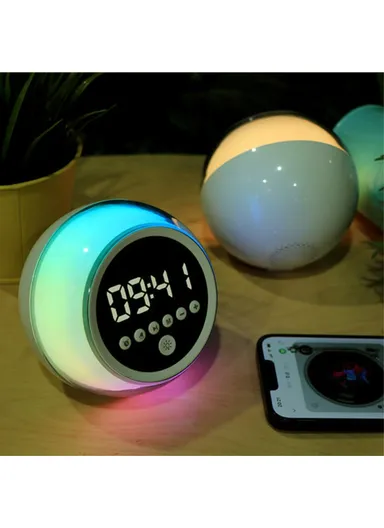 Portable Alarm Clock Bluetooth-compatible Speaker Dimmable LED Light FM Radio with Timer Function P12 (D11.5 x H10.8)cm 
