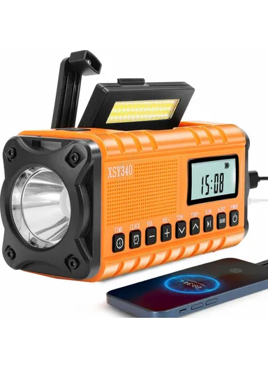 10000mAh Digital Display Outdoor Solar Hand Crank FM Radio Flashlight Power Bank XSY340 - Orange