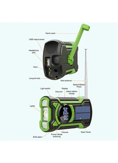 Emergency Solar Powered Radio Hand Crank AM, FM &amp; WB Bluetooth-compatible Receiver with LED Flashlight EM03 - Red