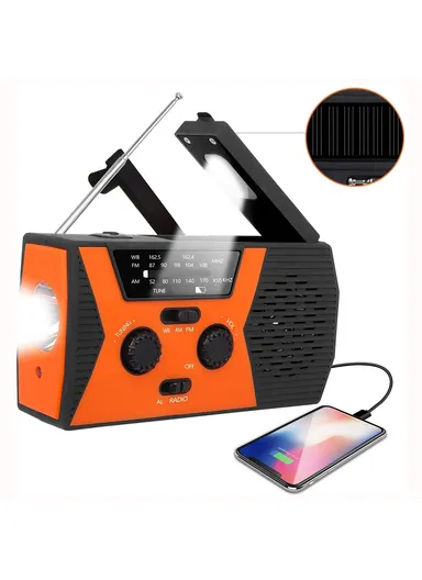 2000mAh Solar Power Weather Broadcast NOAA, AM &amp; FM Radio with Hand Crank Reading Lamp Power Bank - Orange