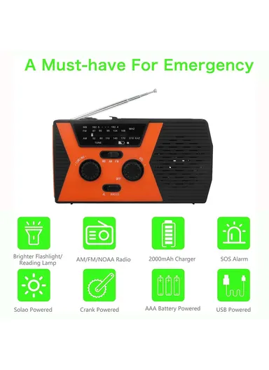 2000mAh Solar Power Weather Broadcast NOAA, AM &amp; FM Radio with Hand Crank Reading Lamp Power Bank - Orange