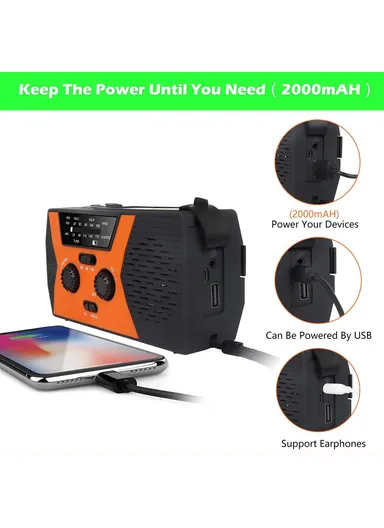 2000mAh Solar Power Weather Broadcast NOAA, AM &amp; FM Radio with Hand Crank Reading Lamp Power Bank - Orange