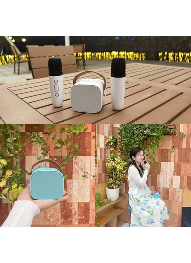 1200mAh Home Kids Karaoke Bluetooth-compatible Speaker Portable Loudspeaker with 2 Microphones P2 - Ivory White