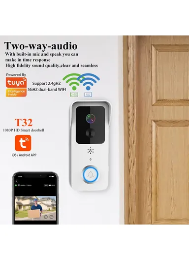 1080P Video Viewer 2.4G / 5G WiFi Doorbell Wireless Voice Intercom Security Door Bell T32 - White