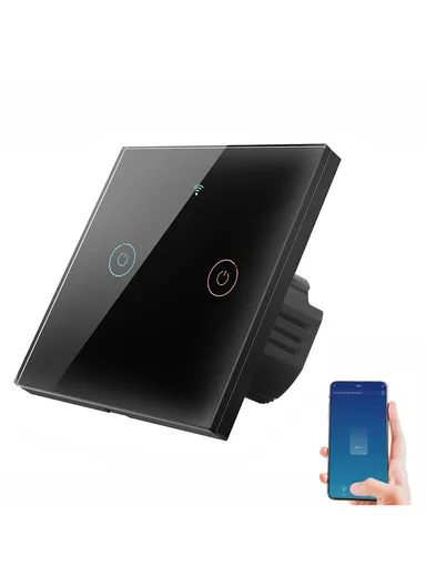  2-Gang WiFi &amp; 433MHz Touch Wall Switch, Tuya/Smart Life App Control, Works with Alexa &amp; Google Home, Neutral/Single Fire Compatible, Glass Panel Design - Black