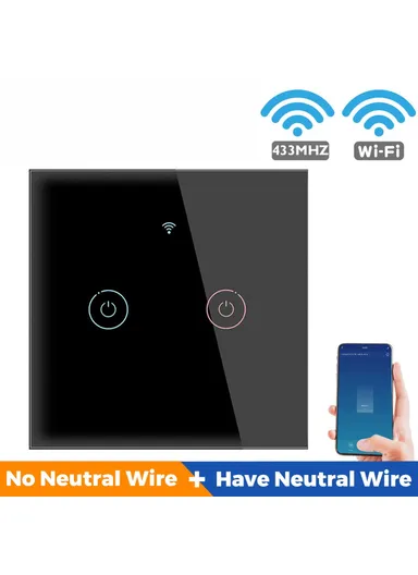  2-Gang WiFi &amp; 433MHz Touch Wall Switch, Tuya/Smart Life App Control, Works with Alexa &amp; Google Home, Neutral/Single Fire Compatible, Glass Panel Design - Black