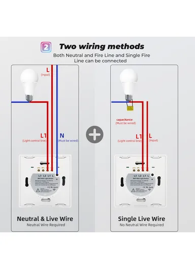  2-Gang WiFi &amp; 433MHz Touch Wall Switch, Tuya/Smart Life App Control, Works with Alexa &amp; Google Home, Neutral/Single Fire Compatible, Glass Panel Design - Black