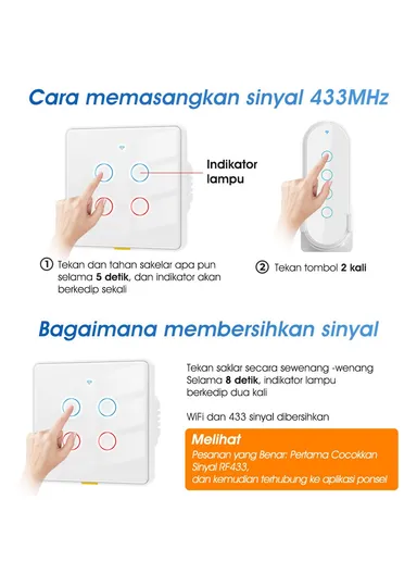 4-Gang WiFi+433 Dual Mode Touch Smart Switch Tuya APP Voice Control Wall Light Switch, EU Plug MG-KG110 - White