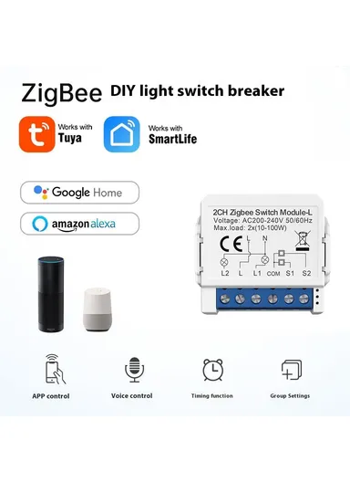 2 Gang Zigbee 3.0 Smart Circuit Breaker Tuya Switch Module Single Live Wire Control LZWSM16 - 2 Channel