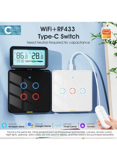 2 Gang WiFi+433 Dual Mode Touch Smart Switch Tuya APP Voice Control Wall Light Switch, EU Plug MG-KG110 - Black / 2 Channel