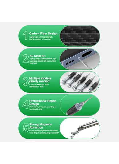 5Pcs Magnetic Carbon Fiber Screwdriver Set, S2 Alloy Steel Bits, Anti-Rust, Ergonomic Grip &amp; Precision Repair Tool Kit