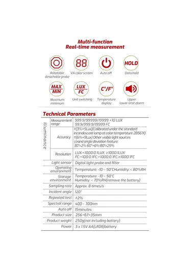Digital Lux Meter, Handheld Light Meter with Detachable Sensor, Backlit LCD, Alarm Function, Compact Illuminometer for Home, Office &amp; Industrial Use