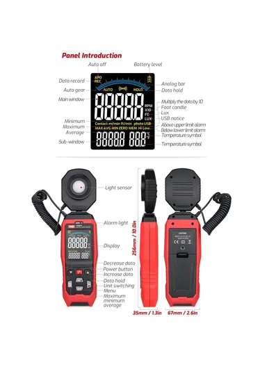 Digital Lux Meter, Handheld Light Meter with Detachable Sensor, Backlit LCD, Alarm Function, Compact Illuminometer for Home, Office &amp; Industrial Use