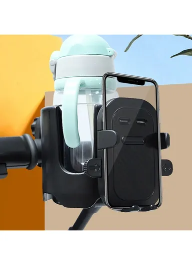 2-in-1 Baby Stroller Cup Drinks Holder with Phone Holder, Universal Cup Phone Holder Stroller, Bike, Wheelchair - Black