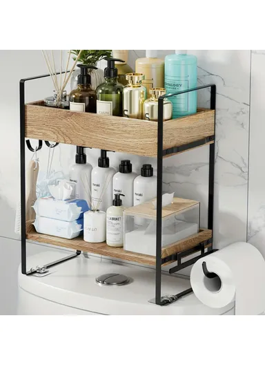 2-Tier Multipurpose Over Toilet Storage Rack Bathroom Organizer Shelf with Hooks (L33 x W16.5 x H35.5)cm - Black