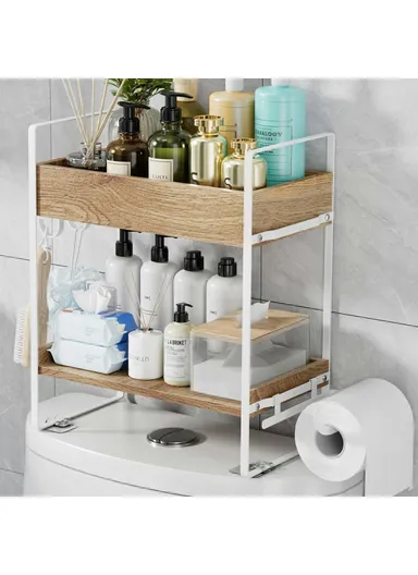 2-Tier Multipurpose Over Toilet Storage Rack Bathroom Organizer Shelf with Hooks (L33 x W16.5 x H35.5)cm - White